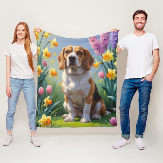 Beagle Hond Lenterebloemen Schilderij Fleece Deken (In situ)