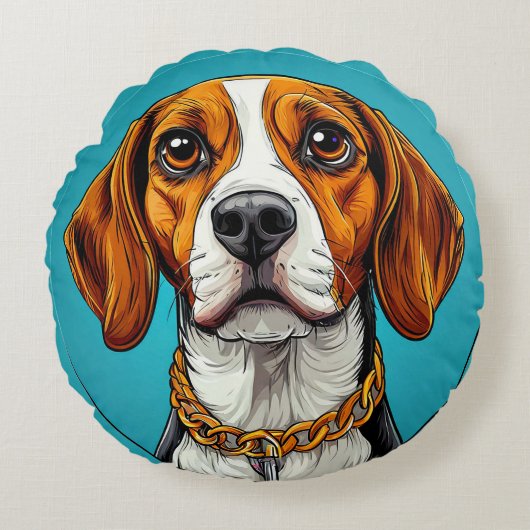 Beagle Hond met een Gouden Ketting Rond Kussen (Voorkant)