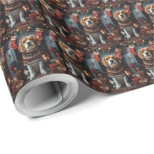 Beagle-hond met kerstcadeaus bij de open haard cadeaupapier