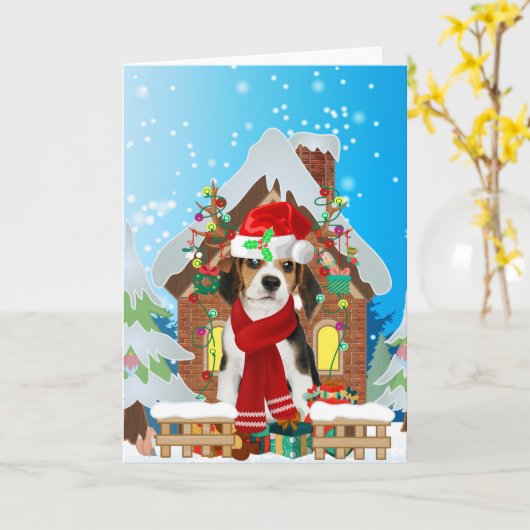 Beagle hond met kerstcadeaus kaart (Gele Bloem)