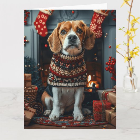 Beagle hond met kerstcadeaus open haard kaart (Gele Bloem)