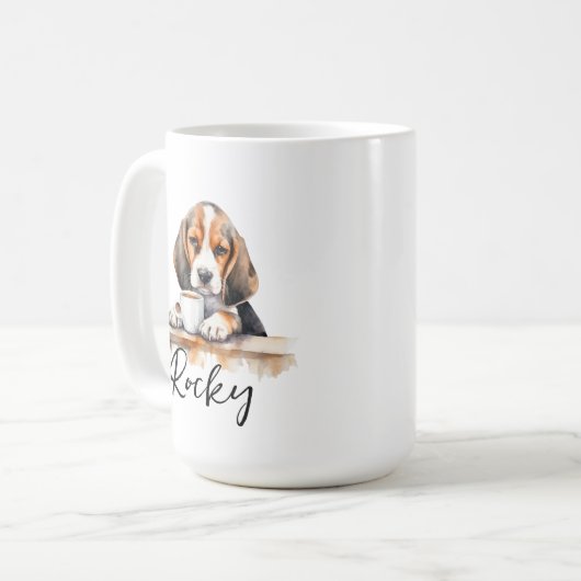 Beagle hond met koffie mok, hond met attitude koffiemok (Voorkant links)