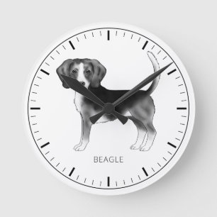Beagle-hond ontwerp in zwart en wit met tekst ronde klok