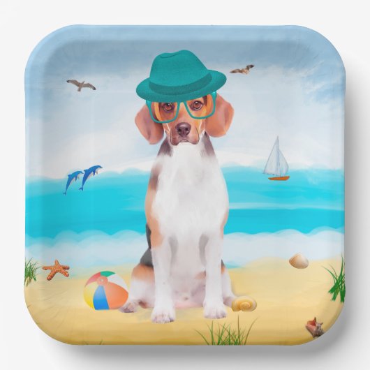 Beagle Hond Op Strand Papieren Bordje (Voorkant)