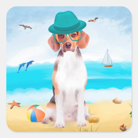 Beagle Hond Op Strand Vierkante Sticker (Voorkant)