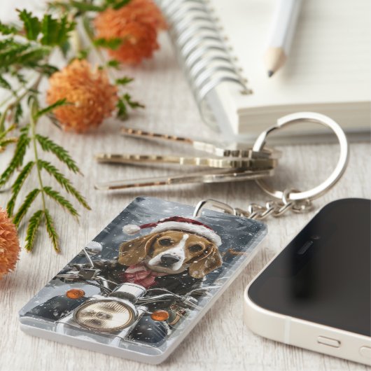 Beagle Hond Rijden Motorfiets Kerstmis Sleutelhanger (Voorkant Rechts)