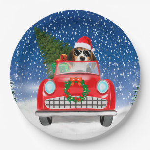 Beagle-hond rijdt auto in sneeuw met Kerstmis Papieren Bordje