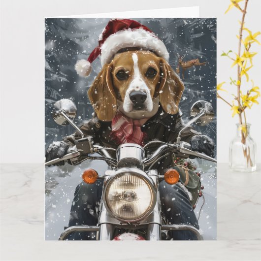 Beagle Hond Rijdt op Motorfiets Kerstmis Kaart (Gele Bloem)