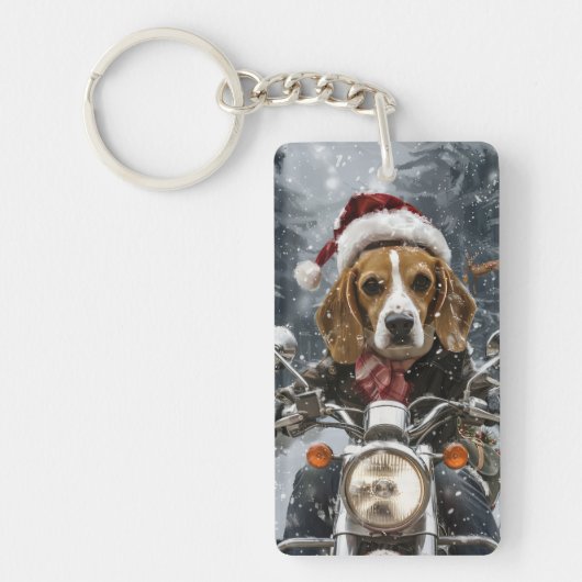 Beagle Hond Rijdt op Motorfiets Kerstmis Sleutelhanger (Voorkant)