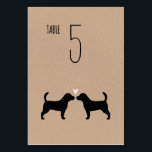 Beagle hond silhouetten bruiloft receptie kaart<br><div class="desc">Zwarte Beagle bruid en bruidegom silhouetten met hart. Een kraft papieren stijl bruiloft receptie tafel kaart voor Beagle liefhebbers. Elke kaart moet afzonderlijk worden genummerd en aan het winkelwagentje worden toegevoegd. Bezoek Jenn's Doodle World voor nog meer hondenras tafelkaarten en Beagle-thema bruiloftsplanningsproducten.</div>