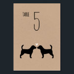 Beagle hond silhouetten bruiloft receptie kaart<br><div class="desc">Zwarte Beagle bruid en bruidegom silhouetten met hart. Een kraft papieren stijl bruiloft receptie tafel kaart voor Beagle liefhebbers. Elke kaart moet afzonderlijk worden genummerd en aan het winkelwagentje worden toegevoegd. Bezoek Jenn's Doodle World voor nog meer hondenras tafelkaarten en Beagle-thema bruiloftsplanningsproducten.</div>