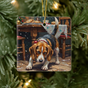 Beagle-hond volgt geurspoor van kerstkrans, Kerstm Keramisch Ornament