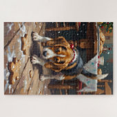 Beagle hond volgt geurspoor van kerstkrans, Kerstm Legpuzzel (Horizontaal)