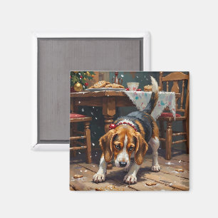 Beagle hond volgt geurspoor van kerstkrans, speels magneet
