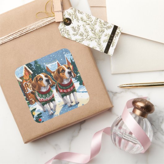 Beagle Honden Kerst Sneeuw Feestdagen Vierkante Sticker (Geschenken)