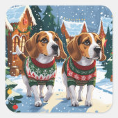 Beagle Honden Kerst Sneeuw Feestdagen Vierkante Sticker (Voorkant)