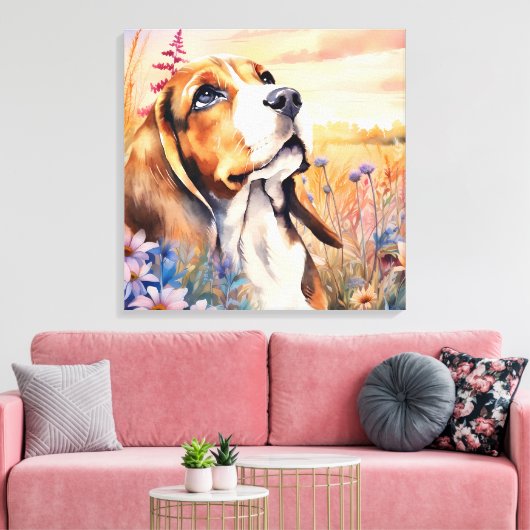 Beagle-hondenliefhebber met weide vol wilde bloeme canvas afdruk (Insitu (Woonkamer))