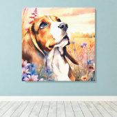 Beagle-hondenliefhebber met weide vol wilde bloeme canvas afdruk (Insitu (Houten vloer))