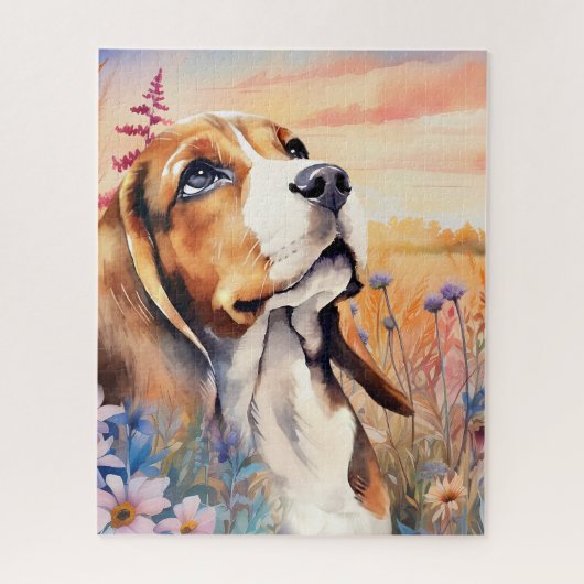 Beagle-hondenliefhebber met weide vol wilde bloeme legpuzzel (Verticaal)