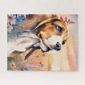 Beagle-hondenliefhebber met weide vol wilde bloeme legpuzzel (Horizontaal)