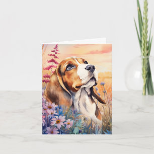 Beagle-hondenliefhebber met weide vol wilde bloeme notitiekaartje