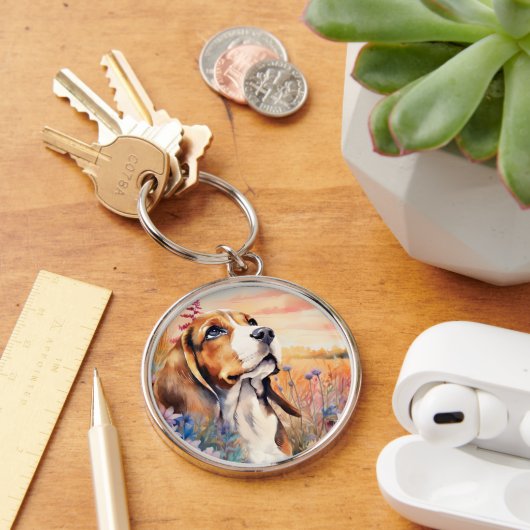 Beagle-hondenliefhebber met weide vol wilde bloeme sleutelhanger (Bureau)