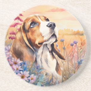 Beagle-hondenliefhebber met wilde bloemenweide zan zandsteen onderzetter