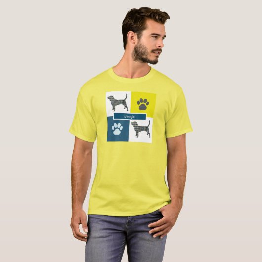 Beagle Hound Dog & Paw Y&B Grid Square T-shirt (Voorkant volledig)