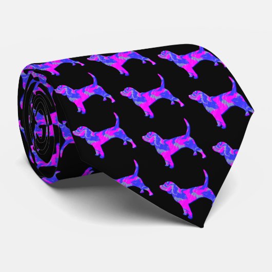 Beagle Hound Dog Pink & Blue Silhouette Black Stro Stropdas (Opgerold)