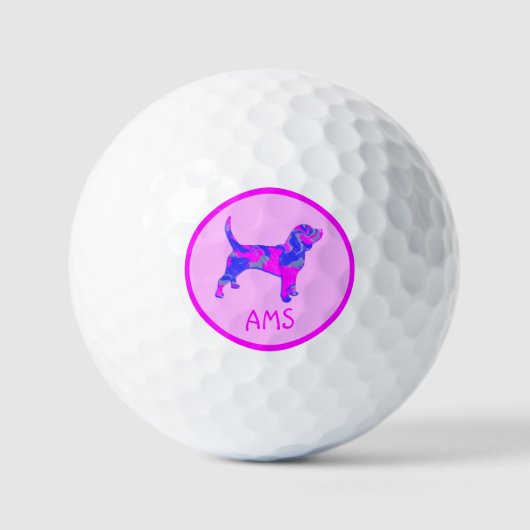 Beagle Hound Dog Silhouette Hot Pink & Blue Golfballen (Voorkant)
