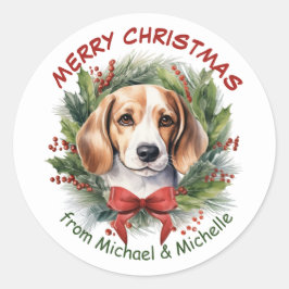 Beagle Hound Kerstmis Rode Bow krans Ronde Sticker