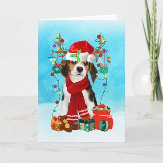 Beagle in de sneeuw met kerstcadeaus kaart (Voorkant)