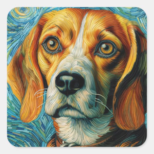 Beagle in de stijl van Van Gogh Vierkante Sticker (Voorkant)