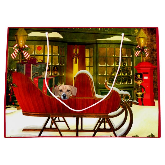 Beagle in een kerstslee large cadeautasje (Voorkant)