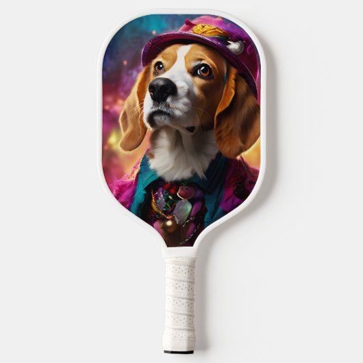 Beagle in een roze Pet Pickleball Paddle (Achterkant)