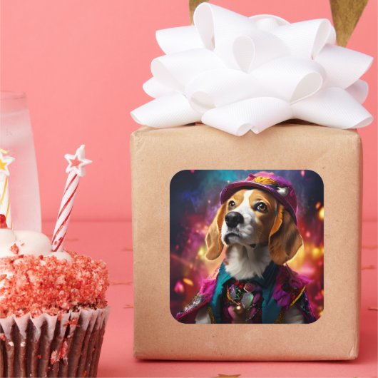 Beagle in een roze Pet Vierkante Sticker (Feest)