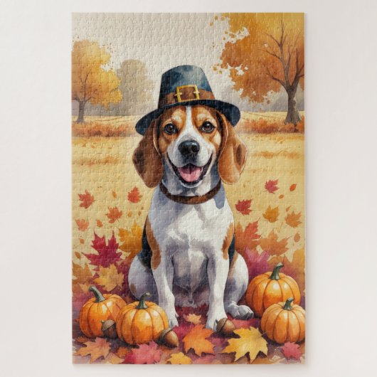 Beagle in herfstbladeren Thanksgiving-kunst Legpuzzel (Verticaal)