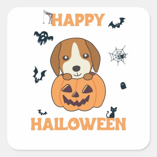 Beagle in pomkin Sweet Dogs Happy Halloween Vierkante Sticker (Voorkant)