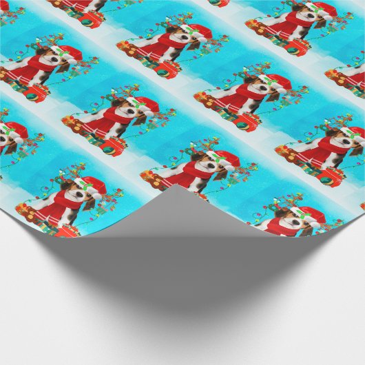 Beagle in sneeuw met kerstcadeaus cadeaupapier (Hoek)