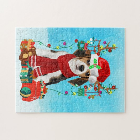 Beagle in sneeuw met kerstcadeaus legpuzzel (Horizontaal)