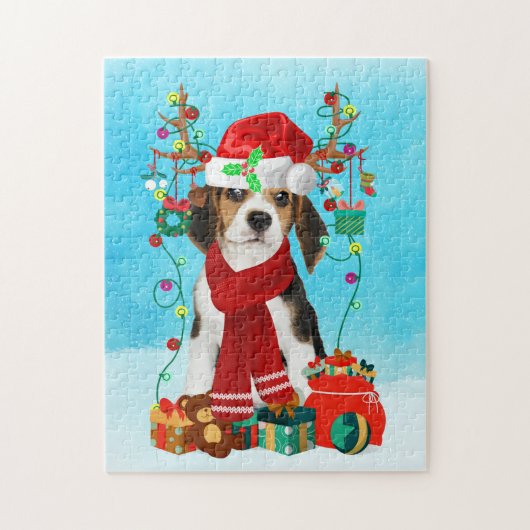 Beagle in sneeuw met kerstcadeaus legpuzzel (Verticaal)