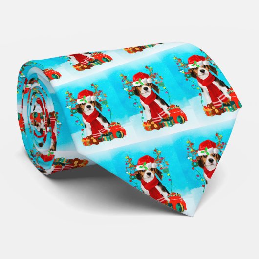 Beagle in sneeuw met kerstcadeaus stropdas (Opgerold)