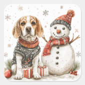 Beagle in Sweater beroemd gemaakt door Snowman Vierkante Sticker (Voorkant)