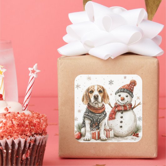 Beagle in Sweater beroemd gemaakt door Snowman Vierkante Sticker (Feest)