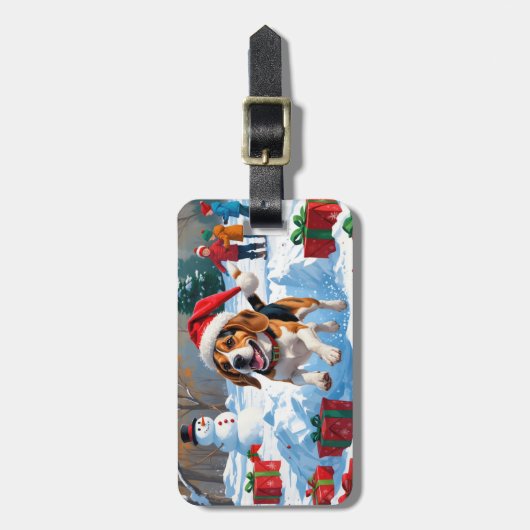 Beagle Kerstfeest Sneeuwscène Bagagelabel (Voorkant verticaal)