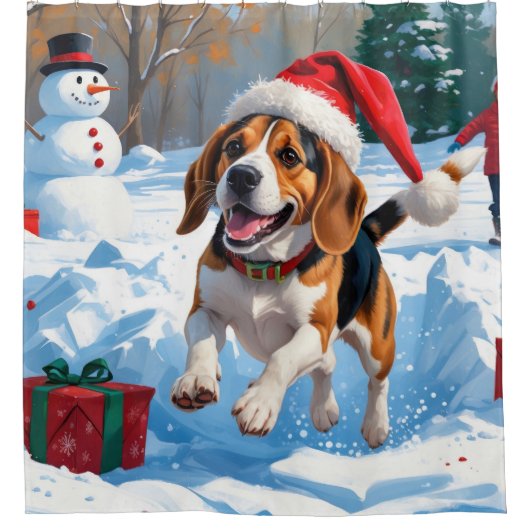Beagle Kerstfeest Sneeuwscène Douchegordijn (Voorkant)