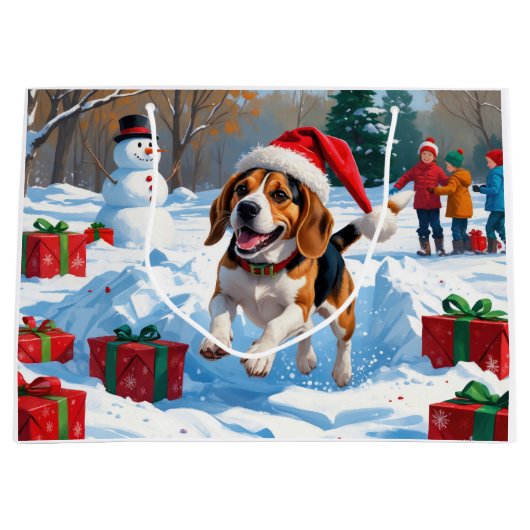 Beagle Kerstfeest Sneeuwscène Groot Cadeauzakje (Voorkant)