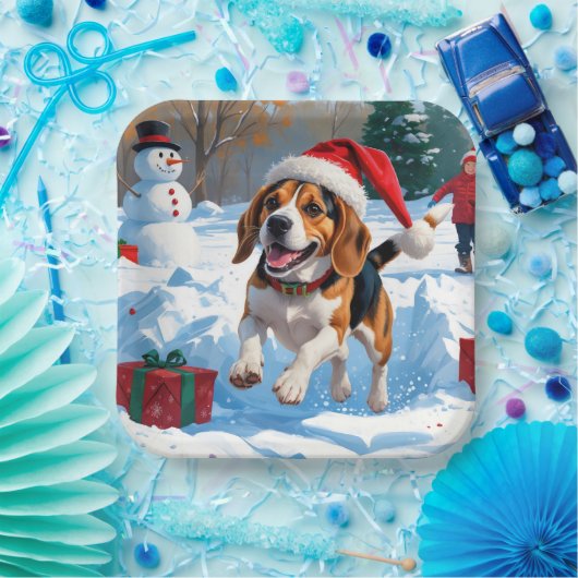 Beagle Kerstfeest Sneeuwscène Papieren Bordje (Feest)