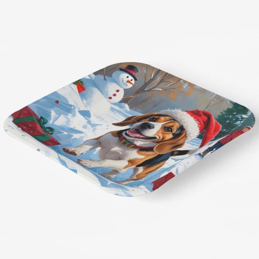 Beagle Kerstfeest Sneeuwscène Papieren Bordje (Gebogen)