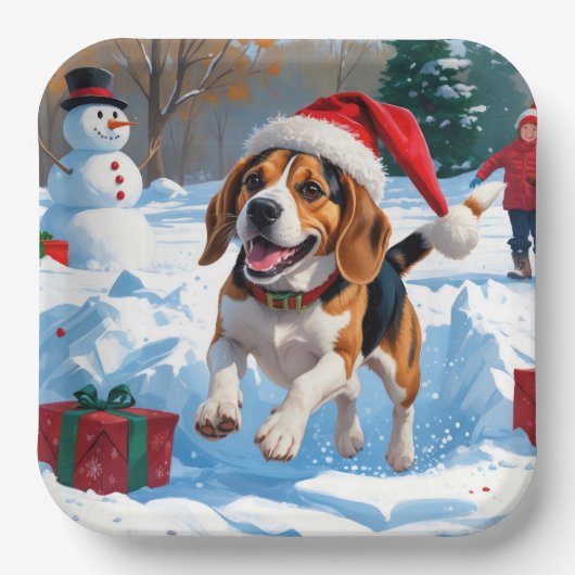 Beagle Kerstfeest Sneeuwscène Papieren Bordje (Voorkant)